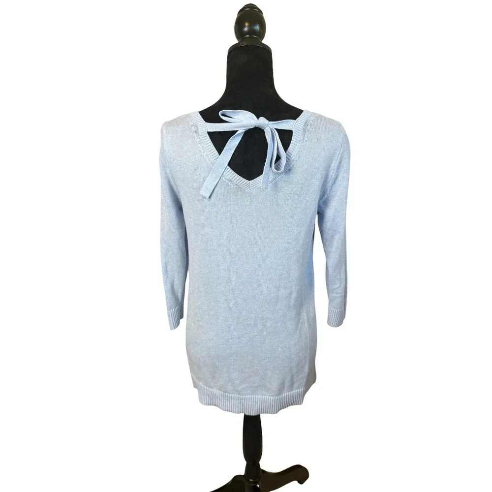 Talbots Double V-Neck Tie Back Sweater Light Blue Small Petite Preppy Coquette‎